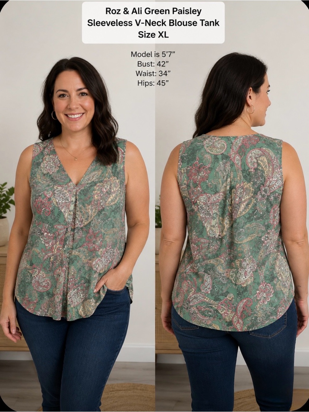 Roz & Ali Green Paisley Sleeveless V-Neck Blouse Tank size xl